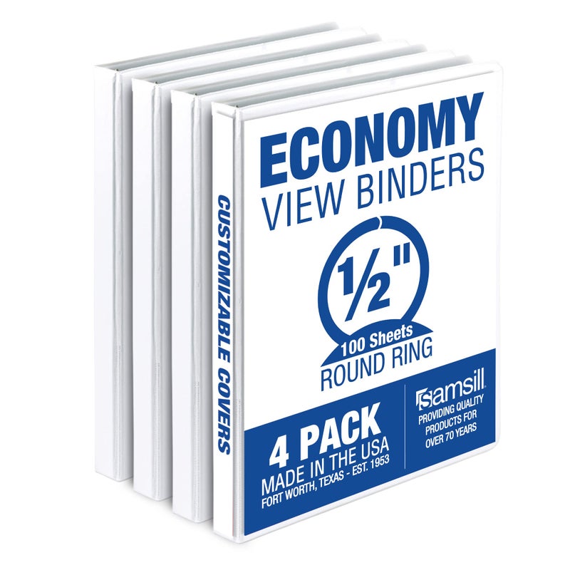 Samsill 0.5 Inch 3 Ring Binder, Made in USA, Economy Round Ring, Clear View Cover, 100 Sheet Capacity - for School, Home, Office - White, 4 Pack - Image 1